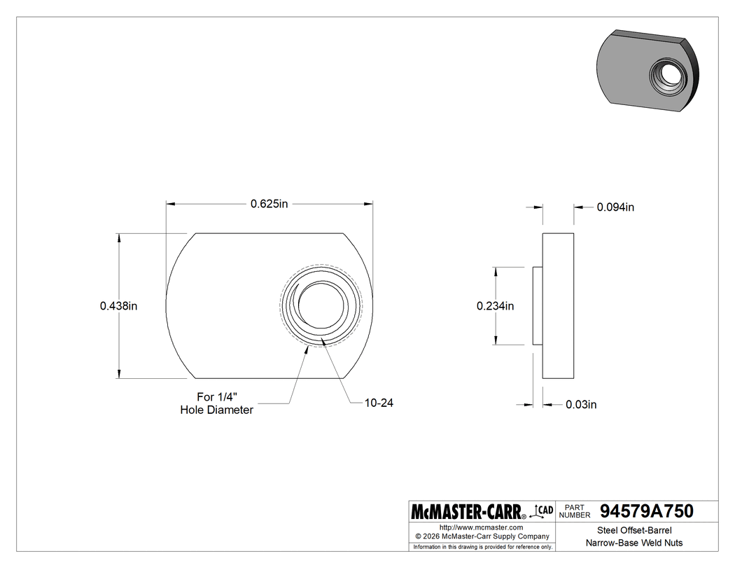 Technical Drawing of Steel Offset-Barrel Narrow-Base Weld Nuts, Zinc-Plated, 10-24 Thread Size.